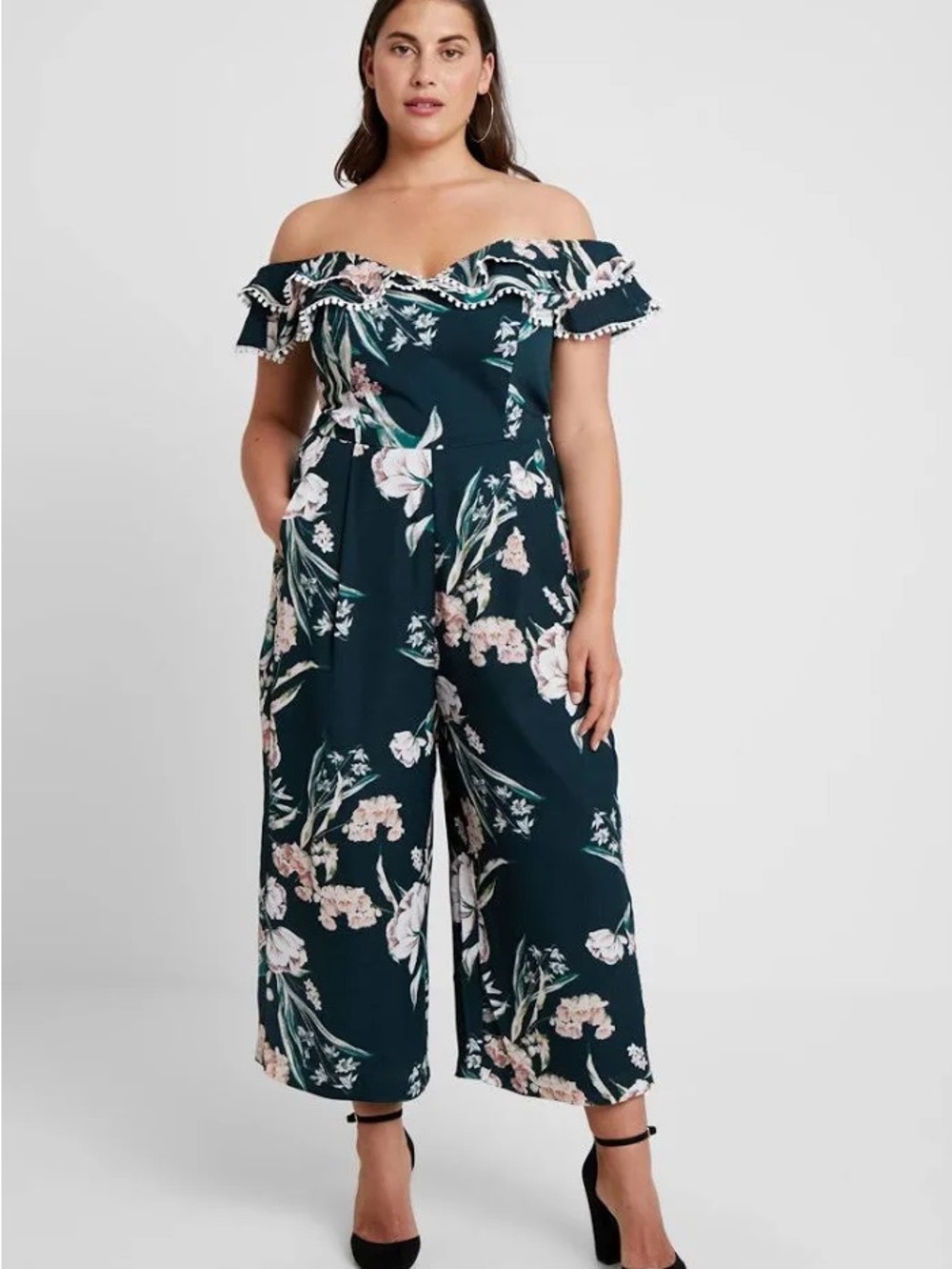 City Chic Off-Shoulder Floral Jumpsuit in Dark Teal floral NWT 18 W